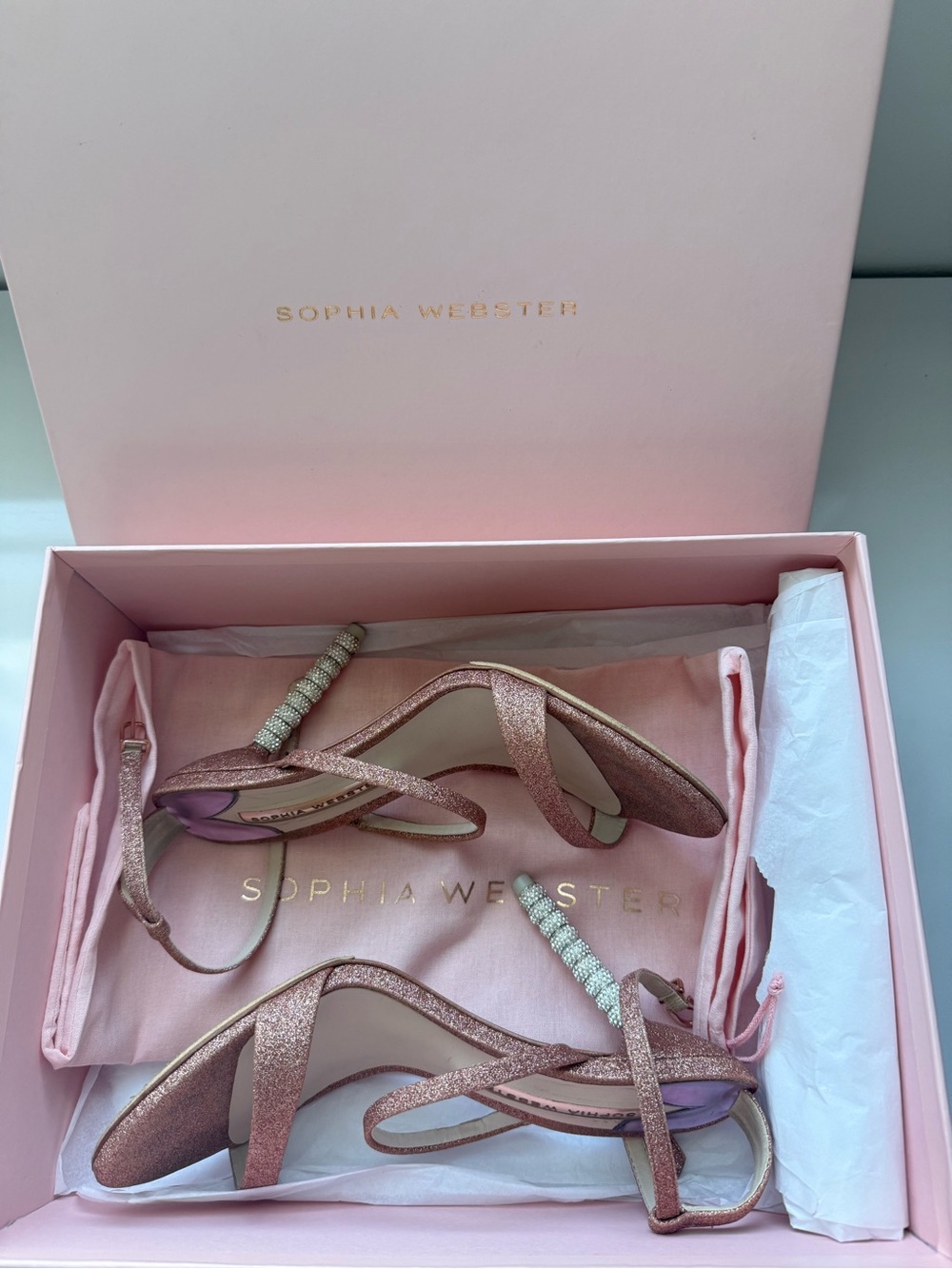 🫶🏼SOLD🫶🏼 Sophia Webster Rosalind Rose Gold Glitter Strappy Heels